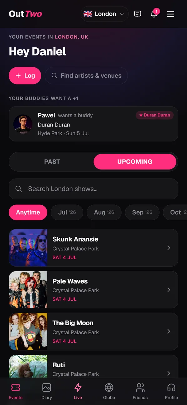 OutTwo events screen: tonight's shows in London, and buddies looking for a +1